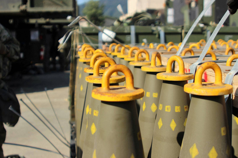 Picture: Dozens of U.S. cluster munitions wait to be loaded into Paladin self-propelled howitzers at the U.S. Hovey base in South Korea, September 2016. | U.S. Army